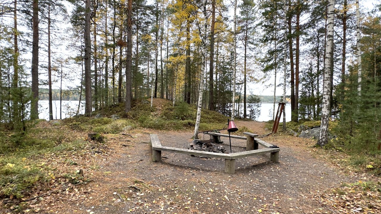 Wooden campfire site on the island.