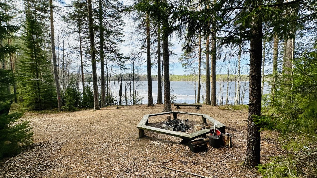 Nuotiokehä metsässä. Edustalla näkyy jäätynyt järvi.