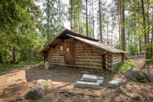 Edessä vuokralaavu, jota ympäröi männyt ja kuuset