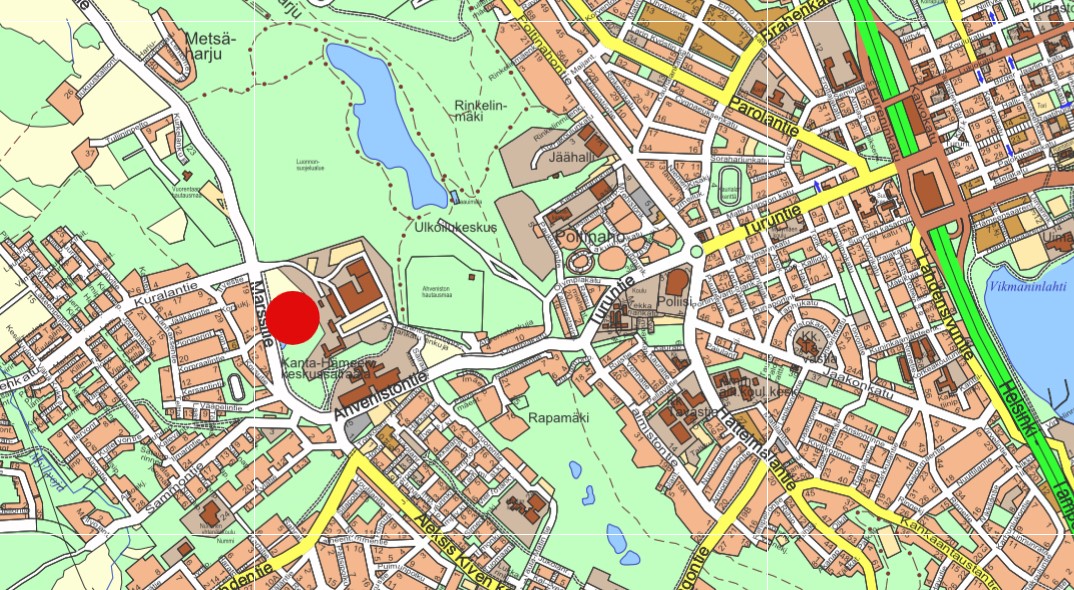 Osoitekartta, johon on merkitty Ahvenistomäen kaavamuutosalueen sijainti.