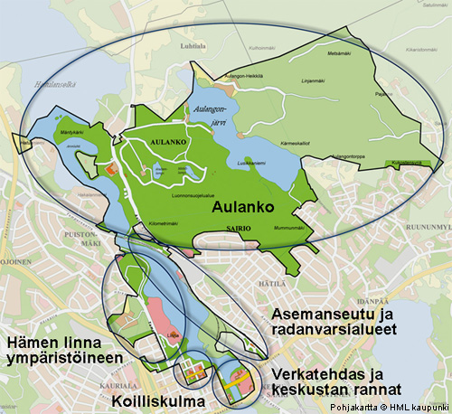 Kartta kansallisesta kaupunkipuiston muodostavista alueista, joita ovat Verkatehdas ja keskustan rannat, koilliskulma, Hämeen linna ympäristöineen, Aulanko sekä asemanseutu ja radanvarsialueet.