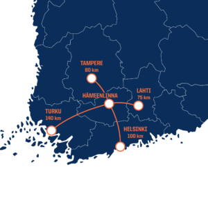 Kartta Etelä Suomesta jossa Hämeenlinna ja yhteydet muihin kaupunkeihin.