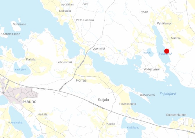 Kartalla esitetty kaavamuutosalueen sijainti Hauholla.
